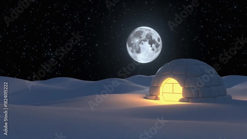 Glowing Igloo at Night with Moon Reflection in a Peaceful Arctic Winter Landscape Illustration