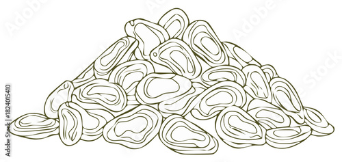 Stylized pile of abstract organic shapes resembling pebbles or dried fruits