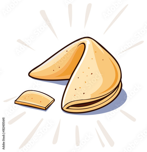 Illustration of an open fortune cookie with a message and light bursts