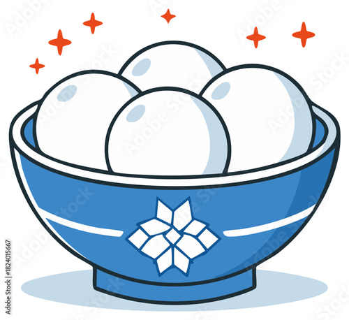 Cartoon illustration of traditional Chinese Tangyuan glutinous rice balls in a blue bowl for a festive meal