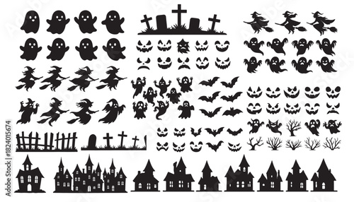 Halloween Silhouette Bundle – Spooky Minimal Vector Icons, Witch, Ghost, Pumpkin, Bat, Graveyard.