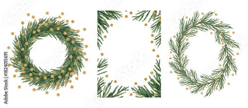 Elegant collection of holiday pine foliage frames featuring subtle gold glitter elements