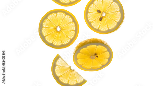Sliced Lemons Illuminated Against Black Background Keywords: lemon, citrus, fruit, slice, yellow