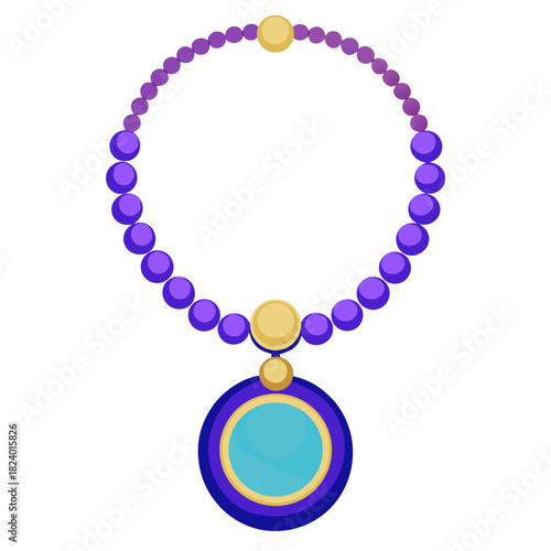 A flat illustration of a necklace featuring purple beads, gold spacers, and a circular blue pendant with gold trim.