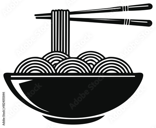 Minimalist black and white icon of Asian noodles in a bowl with chopsticks, a simple vector graphic for a restaurant