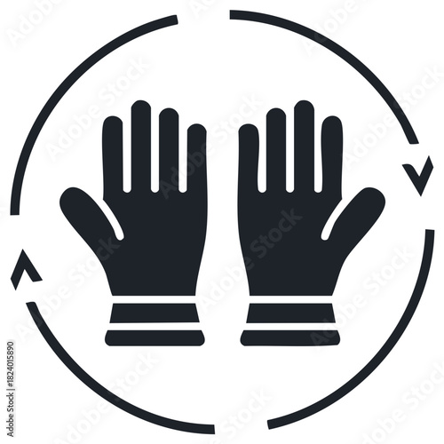 Black Icon of Two Protective Gloves with Circular Arrows Indicating Rotation or Replacement