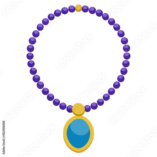 A flat illustration of a necklace featuring purple beads and a gold pendant with a blue gemstone.