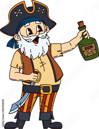 Corsair pirate drunk sailor groovy character. Buccaneer or privateer skipper, pirate captain funny vector isolated personage. Old grey haired pirate character in tricorn hat drinking rum and singing