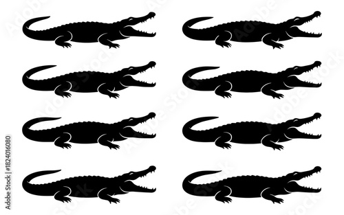 Crocodile silhouettes in lying and open-jaw positions. Clean lines show high quality. The collection highlights sharp shape and reptile presence