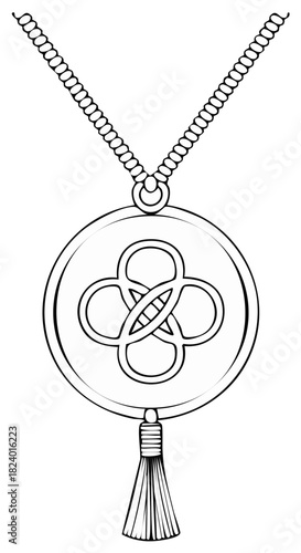 Round Pendant Necklace with Chain and Tassel Amulet Design Black and White