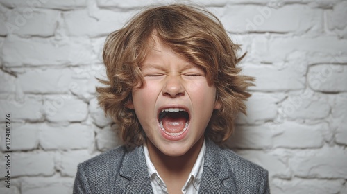 An emotional portrait captures a young boy expressing a strong feeling. Against a white brick wall, the boy's open mouth and scrunched eyes show intensity. His wild hair frames his face.