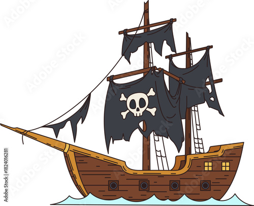 Cartoon groovy pirate sailing ship. Isolated vector old retro corsair vintage vessel with torn black sails, flags, skull and crossbones, evokes y2k vibe of sea journey and mystery of naval adventure