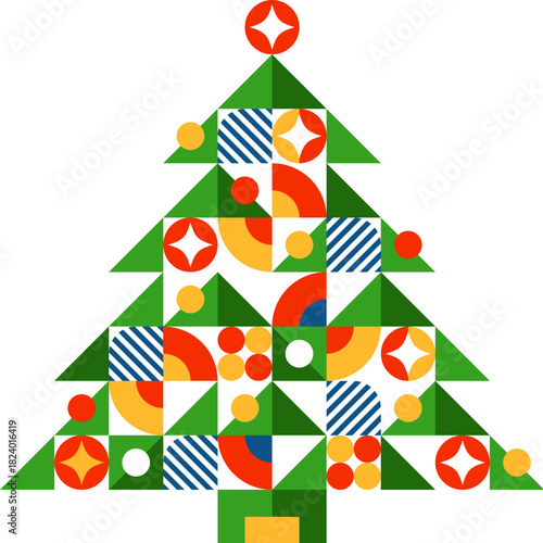 Christmas and new year pine tree with vector geometric triangle, circle, semicircle and striped rectangle shapes. New year and Christmas greeting card. Spruce with sharp angles, and vibrant colors