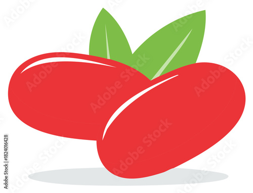 Stylized Goji Berries Pair With Green Leaves, Healthy Superfood Ingredient Design
