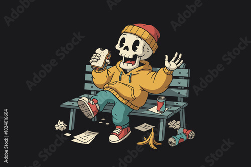 Skeleton character enjoying a snack on a park bench.
