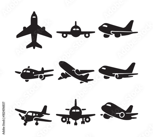 Collection of silhouette airplanes in various poses and designs