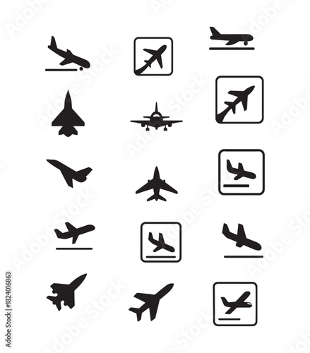 Collection of silhouette icons featuring various airplane models