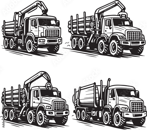 Four forestry trucks carrying logs black and white vector set.eps