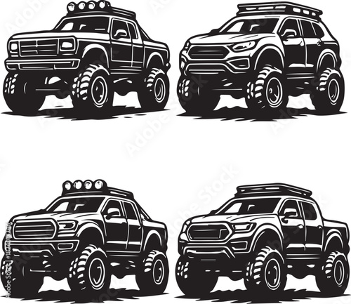 Four lifted off road 4x4 trucks vector illustration set in 22 layout.eps