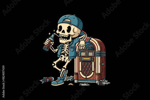 Skeleton enjoying a drink next to a vintage jukebox.