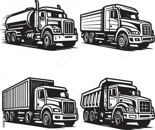 industrial transport trucks black and white vector set.eps