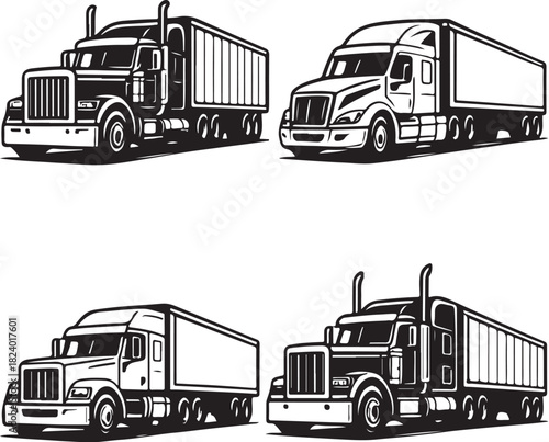 semi trailer trucks vector set in black and white 2x2 layout.eps