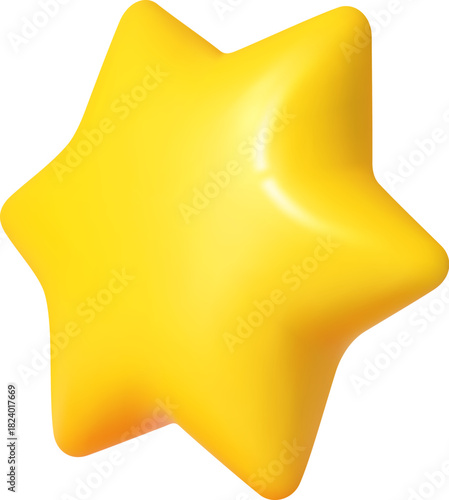 Yellow 3d six point star realistic figure. Thick yellow star 3d element, party balloon 3d realistic vector shape. Light sparkle isolated form or six pint glossy star figure