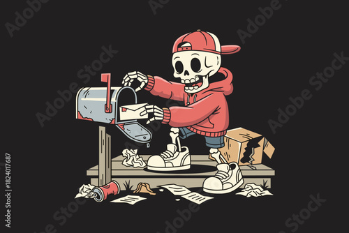 Skeleton character delivering mail at a mailbox.