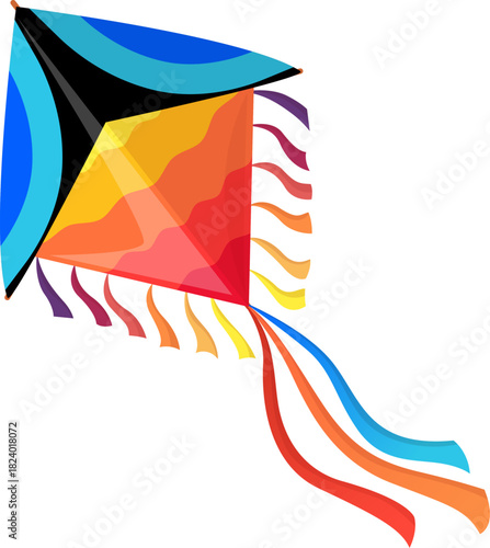 Cartoon diamond shaped paper kite. Short wavy streamers fringe one side, while two long ribbon tails in red, orange and blue sweep backward in fluid curves. Vector summer festival kite kid toy