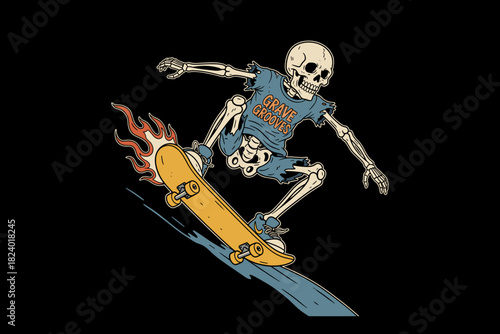 Skeleton Skater Riding Flaming Skateboard.