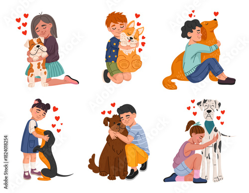 Kid hugs a dog, children petting and playing with pets. Vector heartwarming set featuring boys and girls lovingly hugging and playing with puppies, surrounded by hearts, symbolizing strong bonds