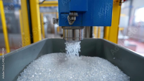 Transparent polymer pellets pouring from a dosing nozzle into a bin, plastic resin granulate production line, injection molding feedstock, material handling equipment, factory automation