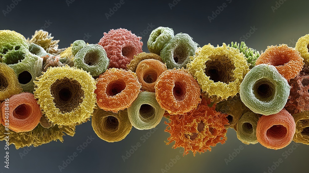 Obraz premium Detailed microscopic image showcasing an assortment of vibrant, ring-shaped plant pollen grains in yellow, orange, pink and green hues, revealing intricate textures and patterns.