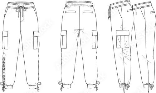 Utility Style Jogger Pants Technical Flat: Drawstring Waistband, Patch Pockets, Loose Fit Bottoms, Women's Contemporary Streetwear Vector Template.