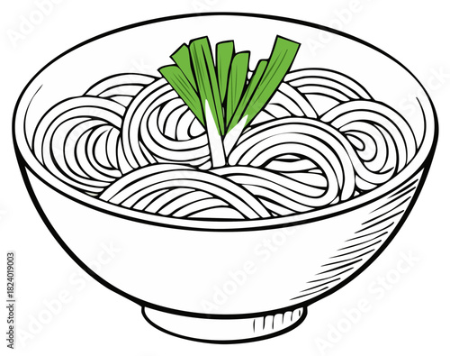 Line art illustration of a delicious bowl of Asian noodles topped with fresh green onions