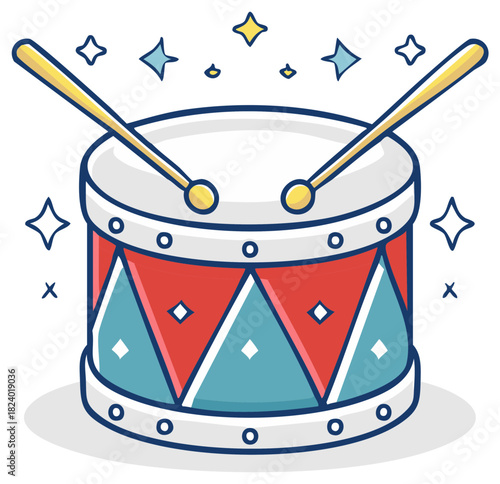 Colorful toy drum with drumsticks and sparkling stars illustration