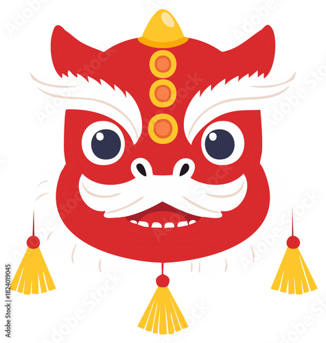 Vibrant red traditional Chinese lion dance head illustration for cultural celebration and festival
