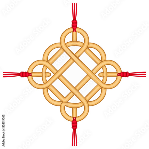 Traditional Golden Chinese Lucky Knot with Red Tassels Vector Illustration