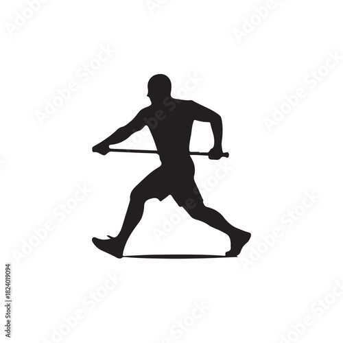 Male athlete silhouette running with a stick, depicting a dynamic sports figure in action, possibly a lacrosse player or a relay runner, isolated on