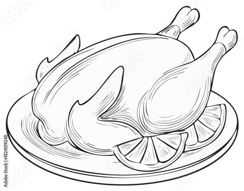 Line Art Drawing of a Whole Roast Chicken on a Plate with Lemon Slices