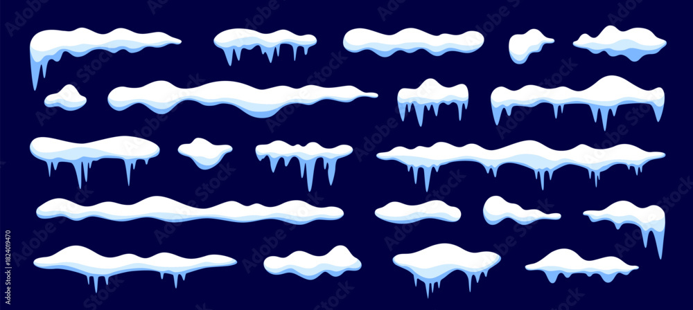 Naklejka premium Cartoon Christmas winter snow caps and icicle drifts, vector icy borders. Snow caps on window or roof snowy piles for Xmas seasonal decoration, Christmas holiday cozy mood and winter game assets