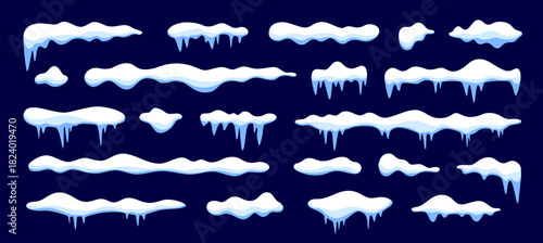 Cartoon Christmas winter snow caps and icicle drifts, vector icy borders. Snow caps on window or roof snowy piles for Xmas seasonal decoration, Christmas holiday cozy mood and winter game assets