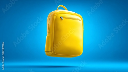 Glossy yellow backpack isolated against a gradient blue backdrop with soft shadows
