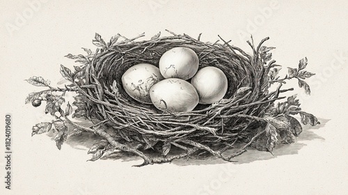 Engraving sketch of bird nest with eggs detailed vintage natural illustration with twigs and leaves