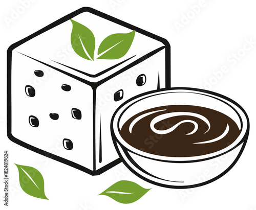 Fresh tofu block with a bowl of soy sauce and green leaves vector illustration