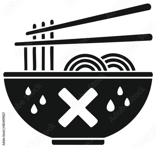 Graphic icon of Asian noodles in a bowl with chopsticks, featuring a cross symbol and liquid drops
