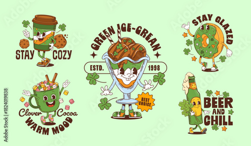 St Patrick groovy characters stickers for t shirt print and posters, cartoon vector. St Patrick characters, Irish holiday funny groovy green ale beer with shamrock clover and coffee with Ireland flag