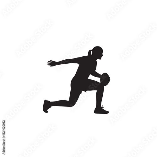 Female basketball player silhouette in a dynamic action pose, dribbling or defending, showcasing athletic movement and sport activity, isolated on