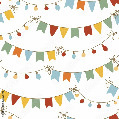 Seamless bunting and string light motif with handcrafted flags and bulbs, flat colors, white background