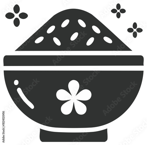 A bowl of rice, flower decoration, traditional cuisine, food icon, japanese food, asian meal